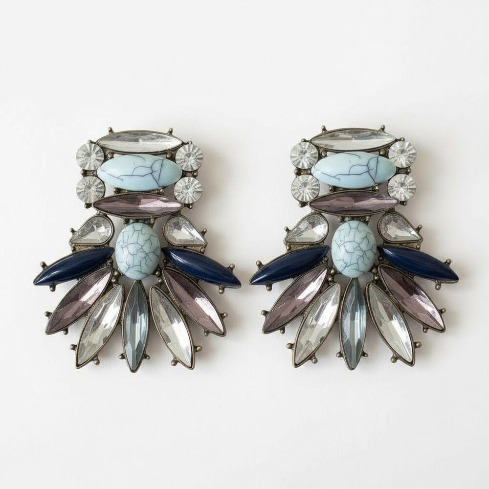 Statement Earrings Bold Ornate Gemstones And Crystals In Gem Pattern Blue